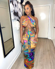 Sexy Printed Halter Hollow Maxi Skirt Two Piece Sets JZHF-8107