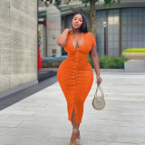 Plus Size Solid Short Sleeve Slim Long Dress WPF-80548