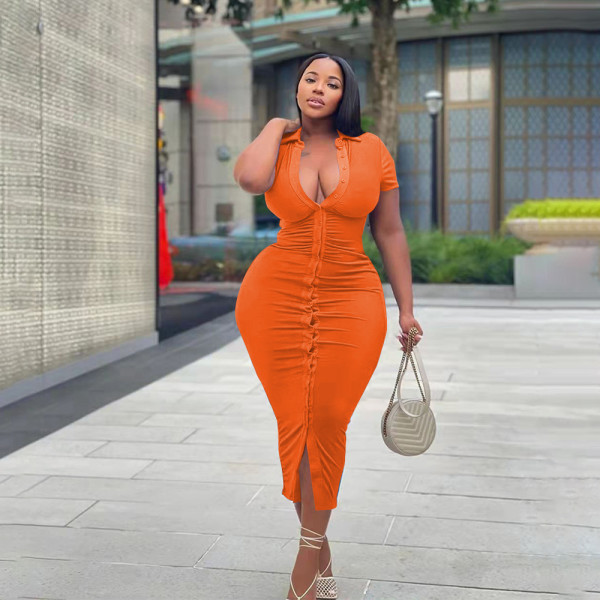 Plus Size Solid Short Sleeve Slim Long Dress WPF-80548