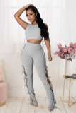Solid Color Vest Hollow Lace-up Pants Two Piece Sets LX-6925