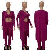 Solid Ribbed Tank Top+Pants+Long Cloak 3 Piece Sets LSD-82040