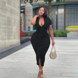 Plus Size Solid Short Sleeve Slim Long Dress WPF-80548
