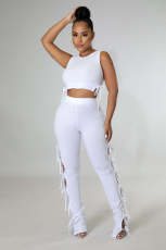 Solid Color Vest Hollow Lace-up Pants Two Piece Sets LX-6925