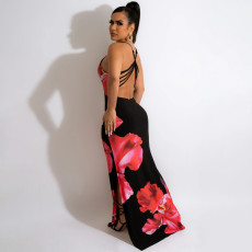 Flower Print Backless Cross Strap Split Maxi Dress OSIF-22196