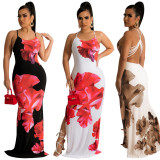 Flower Print Backless Cross Strap Split Maxi Dress OSIF-22196