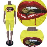 Lip Print Casual Two Piece Shorts Set MDF-5302
