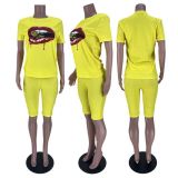 Lip Print Casual Two Piece Shorts Set MDF-5302