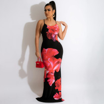 Flower Print Backless Cross Strap Split Maxi Dress OSIF-22196