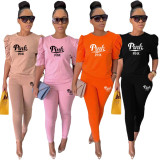 Pink Letter Print Puff Sleeve Two Piece Pants Set XMF-107