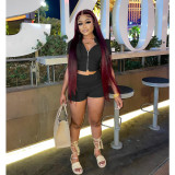 Solid Color Casual Zip Short Sleeve Top Shorts Two Piece Set IV-8303