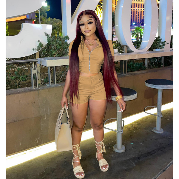 Solid Color Casual Zip Short Sleeve Top Shorts Two Piece Set IV-8303