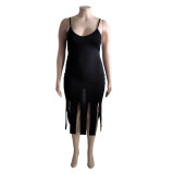 Plus Size Sexy Solid Color Sling Tassel Dress ONY-7001