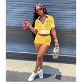Number Embroidered Zip Short Sleeve Coats Shorts Two Piece Sets IV-8304