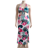 Plus Size Casual Floral Print Halter Top And Skirt Two Piece Sets ONY-7002