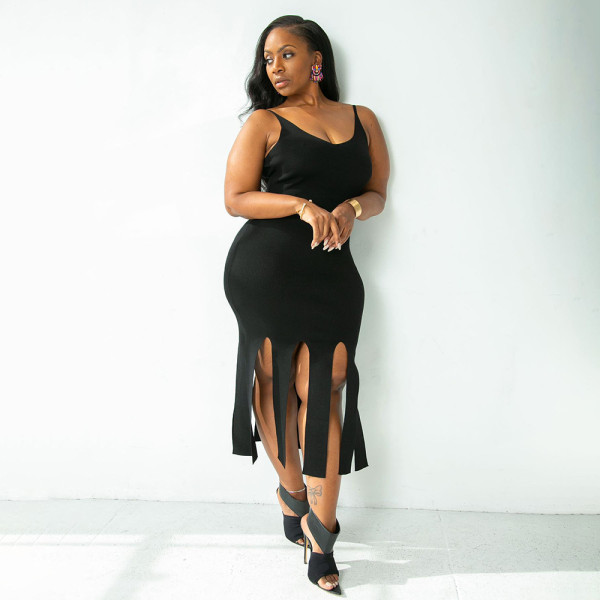 Plus Size Sexy Solid Color Sling Tassel Dress ONY-7001