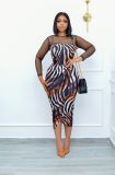 Long Sleeve Mesh Splice Print Midi Dress LS-0371