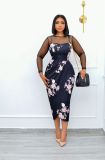 Long Sleeve Mesh Splice Print Midi Dress LS-0371