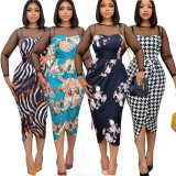 Long Sleeve Mesh Splice Print Midi Dress LS-0371