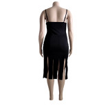 Plus Size Sexy Solid Color Sling Tassel Dress ONY-7001