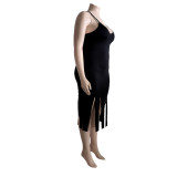 Plus Size Sexy Solid Color Sling Tassel Dress ONY-7001