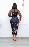 Long Sleeve Mesh Splice Print Midi Dress LS-0371