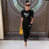 Pink Letter Print Puff Sleeve Two Piece Pants Set XMF-107