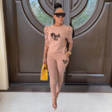 Pink Letter Print Puff Sleeve Two Piece Pants Set XMF-107