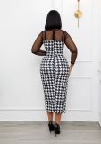 Long Sleeve Mesh Splice Print Midi Dress LS-0371