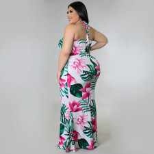 Plus Size Casual Floral Print Halter Top And Skirt Two Piece Sets ONY-7002