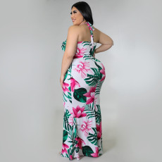 Plus Size Casual Floral Print Halter Top And Skirt Two Piece Sets ONY-7002