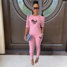 Pink Letter Print Puff Sleeve Two Piece Pants Set XMF-107