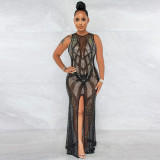 Plus Size Mesh Hot Drilling Split Sleeveless Evening Dress OSIF-21506