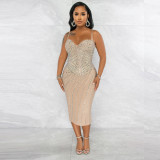 Plus Size Hot Drilling Night Club Sling Midi Dress NY-2348