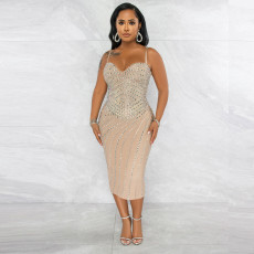 Plus Size Hot Drilling Night Club Sling Midi Dress NY-2348