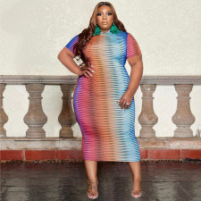 Plus Size Short Sleeve O Neck Slim Dress OSIF-22231
