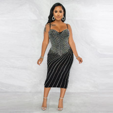 Plus Size Hot Drilling Night Club Sling Midi Dress NY-2348