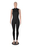 Solid Ribbed Sleeveless Zipper Tight Jumpsuit MZ-2725