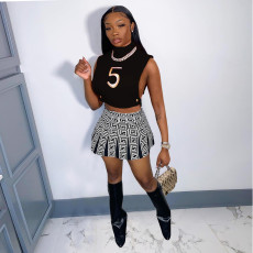 Embroidery Number Sleeveless Top+Pleated Mini Skirt Sets NY-2352