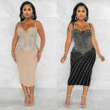 Plus Size Hot Drilling Night Club Sling Midi Dress NY-2348