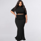 Plus Size Solid Short Sleeve Maxi Skirt 2 Piece Sets OSIF-22216