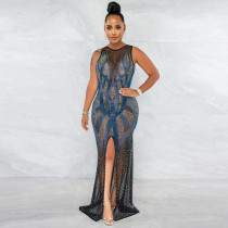 Plus Size Mesh Hot Drilling Split Sleeveless Evening Dress OSIF-21506