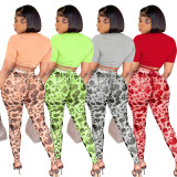 Fashion Sexy Short Sleeve Mesh Print Pants Two Piece Sets YD-8581