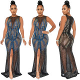 Plus Size Mesh Hot Drilling Split Sleeveless Evening Dress OSIF-21506