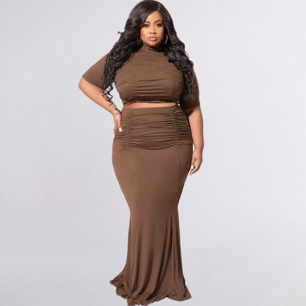 Plus Size Solid Short Sleeve Maxi Skirt 2 Piece Sets OSIF-22216