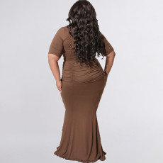 Plus Size Solid Short Sleeve Maxi Skirt 2 Piece Sets OSIF-22216