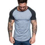 Men Pleated Color Block Fashion Short Sleeve T-Shirt FLZH-ZT102