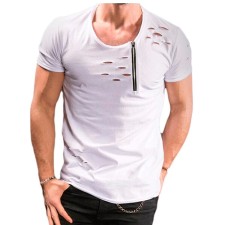 Men Short Sleeve Hole Zipper Decoration Casual T-Shirt FLZH-ZT06