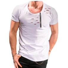Men Short Sleeve Hole Zipper Decoration Casual T-Shirt FLZH-ZT06
