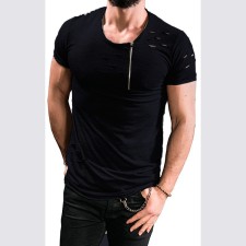 Men Short Sleeve Hole Zipper Decoration Casual T-Shirt FLZH-ZT06
