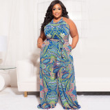 Plus Size Printed Sleeveless Sashes Wide Leg Jumpsuit OSIF-22235